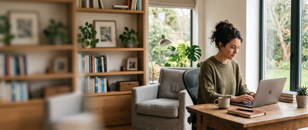 Someone calmly working at a laptop in a bright home office